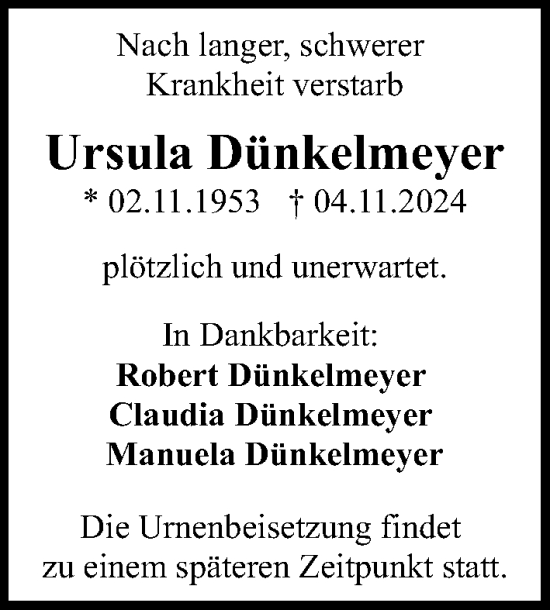 Traueranzeige von Ursula Dünkelmeyer von Gesamtausgabe Nürnberger Nachrichten/ Nürnberger Ztg.