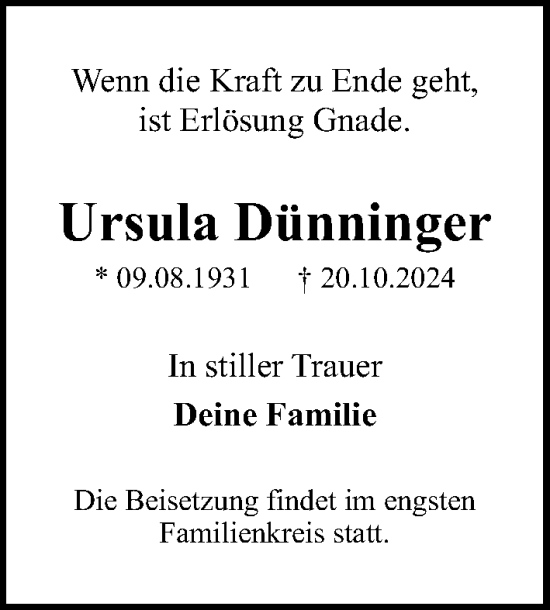 Traueranzeige von Ursula Dünninger von Gesamtausgabe Nürnberger Nachrichten/ Nürnberger Ztg.