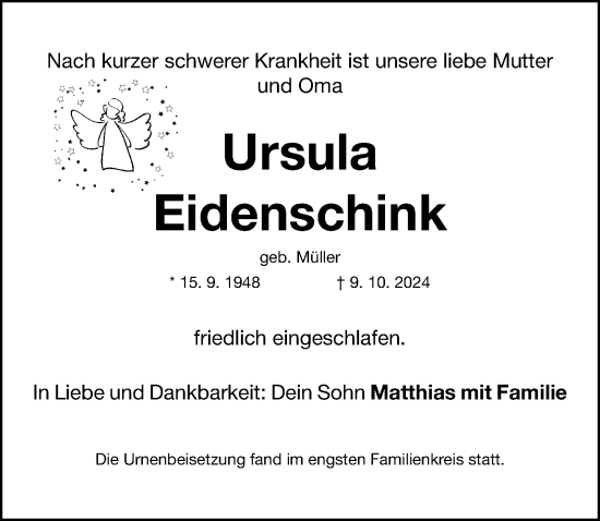 Traueranzeige von Ursula Eidenschink von Gesamtausgabe Nürnberger Nachrichten/ Nürnberger Ztg.