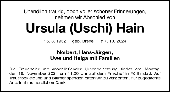 Traueranzeige von Ursula Hain von Gesamtausgabe Nürnberger Nachrichten/ Nürnberger Ztg.