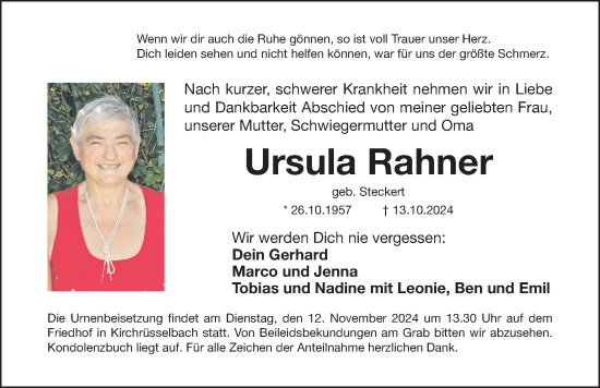 Traueranzeige von Ursula Rahner von Nordbayerische Nachrichten Forchheim Lokal