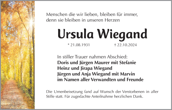 Traueranzeige von Ursula Wiegand von Roth-Hilpoltsteiner Volkszeitung Lokal