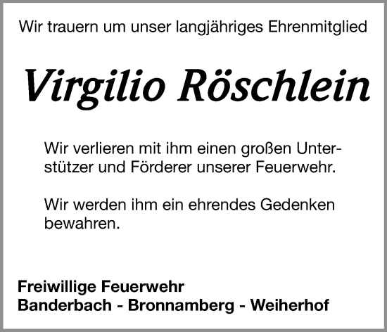 Traueranzeige von Virgilio Röschlein von Fürther Nachrichten Lokal