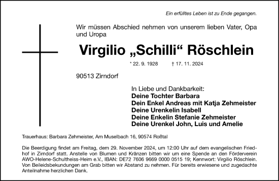 Traueranzeige von Virgilio Röschlein von Fürther Nachrichten Lokal