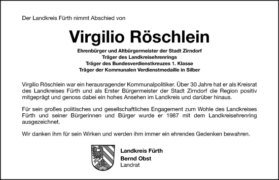 Traueranzeige von Virgilio Röschlein von Fürther Nachrichten Lokal