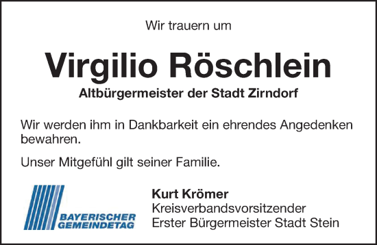 Traueranzeige von Virgilio Röschlein von Fürther Nachrichten Lokal