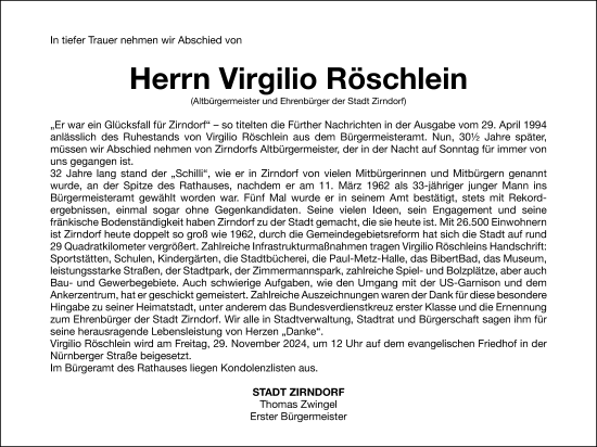 Traueranzeige von Virgilio Röschlein von Fürther Nachrichten Lokal