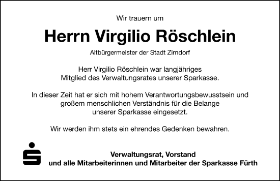 Traueranzeige von Virgilio Röschlein von Fürther Nachrichten Lokal