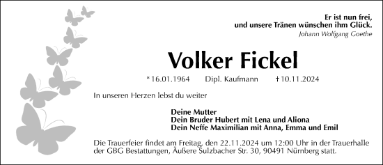 Traueranzeige von Volker Fickel von Gesamtausgabe Nürnberger Nachrichten/ Nürnberger Ztg.