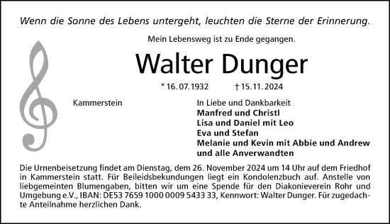 Traueranzeige von Walter Dunger von Schwabacher Tagblatt Lokal