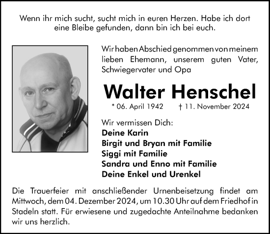 Traueranzeige von Walter Henschel von Fürther Nachrichten Lokal