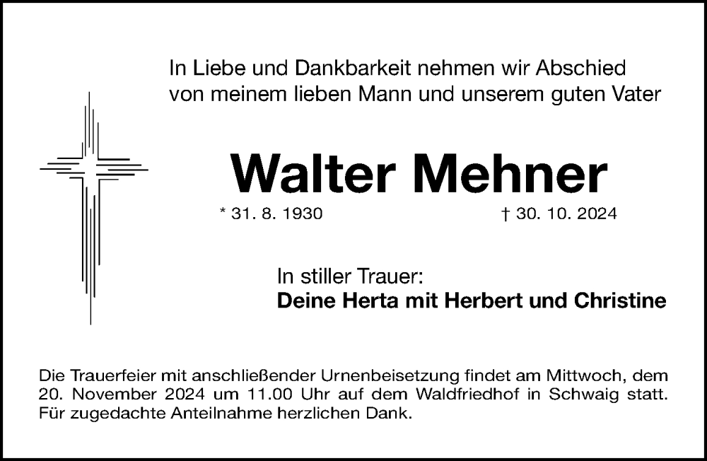  Traueranzeige für Walter Mehner vom 16.11.2024 aus Gesamtausgabe Nürnberger Nachrichten/ Nürnberger Ztg.