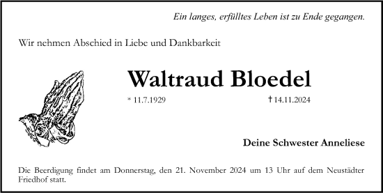 Traueranzeige von Waltraud Bloedel von Erlanger Nachrichten Lokal