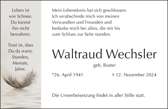 Traueranzeige von Waltraud Wechsler von Gesamtausgabe Nürnberger Nachrichten/ Nürnberger Ztg.