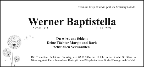 Traueranzeige von Werner Baptistella von Gesamtausgabe Nürnberger Nachrichten/ Nürnberger Ztg.