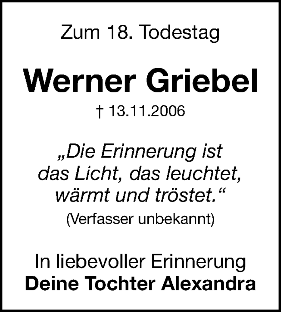  Traueranzeige für Werner Griebel vom 13.11.2024 aus Erlanger Nachrichten Lokal