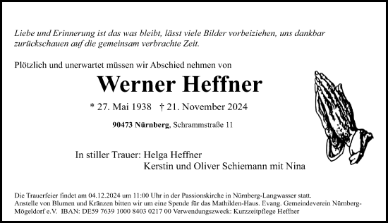 Traueranzeige von Werner Heffner von Gesamtausgabe Nürnberger Nachrichten/ Nürnberger Ztg.