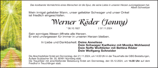 Traueranzeige von Werner Röder von Weißenburger Tagblatt u.Treuchtlinger Kurier Lokal