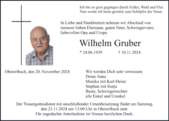 Traueranzeige von Wilhelm Gruber von Altmühl-Bote Lokal