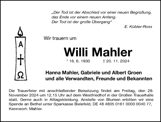 Traueranzeige von Willi Mahler von Gesamtausgabe Nürnberger Nachrichten/ Nürnberger Ztg.
