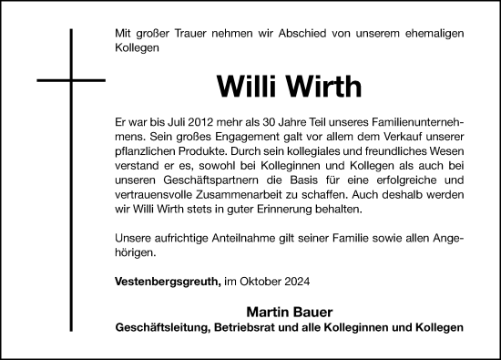 Traueranzeige von Willi Wirth von Nordbayerische Nachrichten Herzogenaurach Lokal