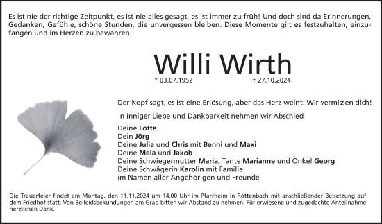 Traueranzeige von Willi Wirth von Erlanger Nachrichten Lokal