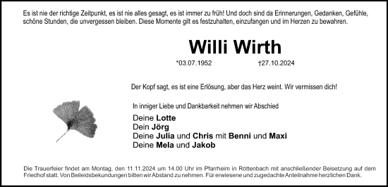 Traueranzeige von Willi Wirth von Erlanger Nachrichten Lokal