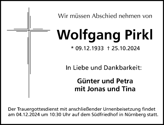 Traueranzeige von Wolfgang Pirkl von Gesamtausgabe Nürnberger Nachrichten/ Nürnberger Ztg.