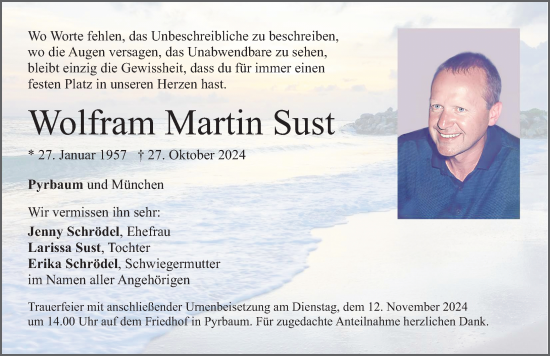 Traueranzeige von Wolfram Martin Sust von Neumarkter Nachrichten Lokal