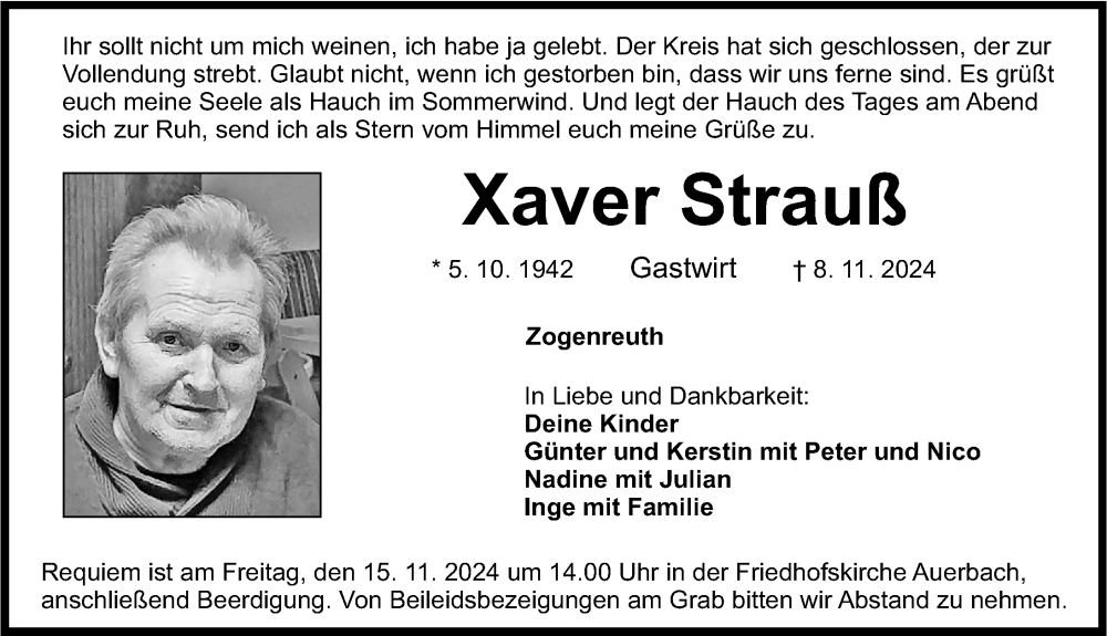  Traueranzeige für Xaver Strauß vom 12.11.2024 aus Nordbayerische Nachrichten Pegnitz Lokal