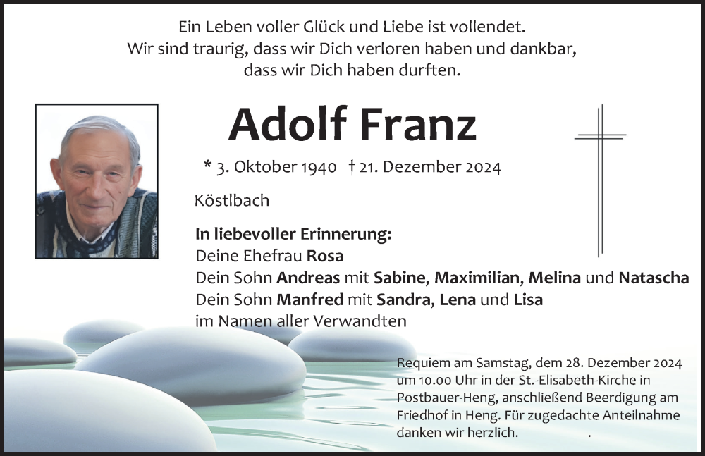  Traueranzeige für Adolf Franz vom 24.12.2024 aus Neumarkter Nachrichten Lokal