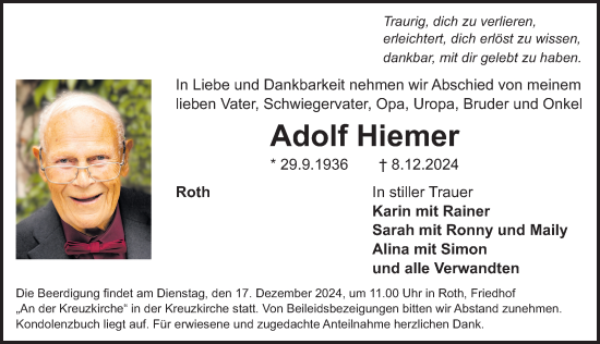 Traueranzeige von Adolf Hiemer von Roth-Hilpoltsteiner Volkszeitung Lokal