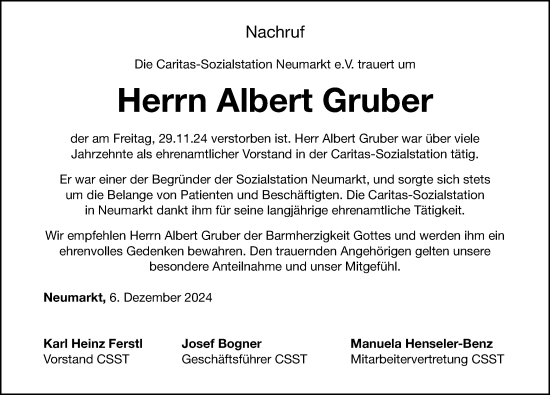 Traueranzeige von Albert Gruber von Neumarkter Nachrichten Lokal