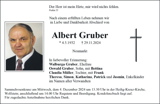 Traueranzeige von Albert Gruber von Neumarkter Nachrichten Lokal