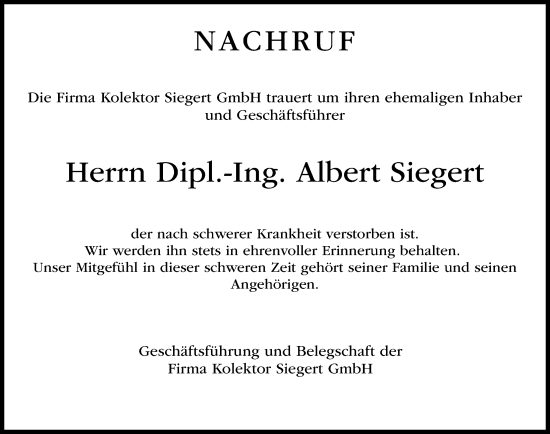 Traueranzeige von Albert Siegert von Fürther Nachrichten Lokal