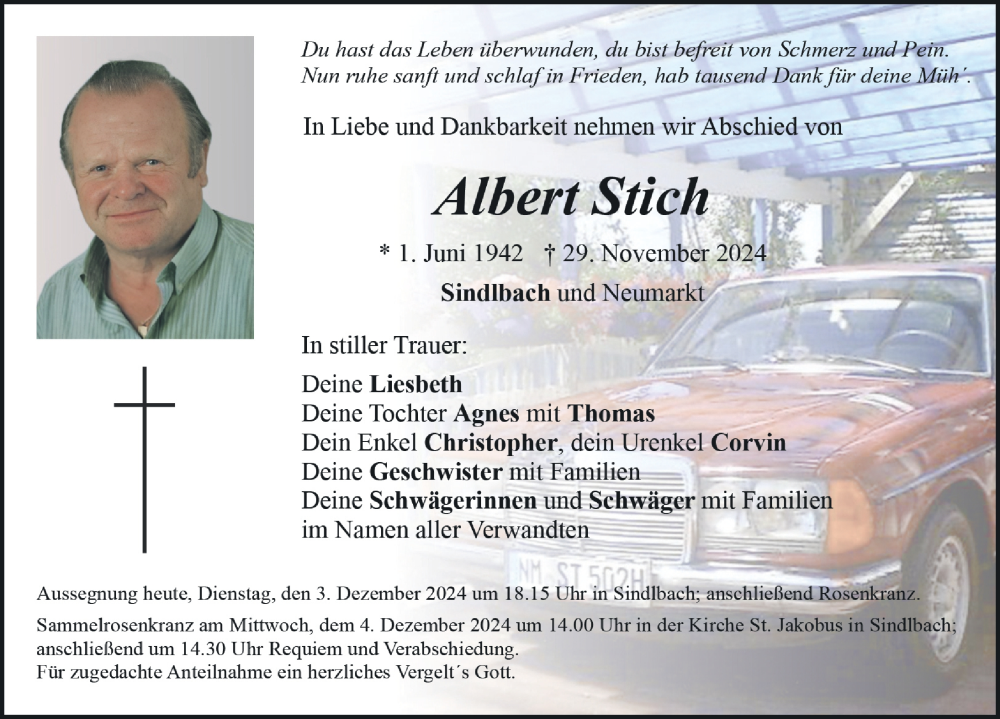  Traueranzeige für Albert Stich vom 03.12.2024 aus Neumarkter Nachrichten Lokal
