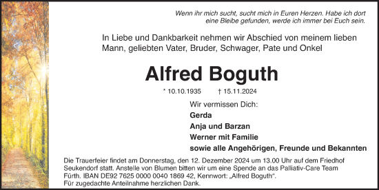 Traueranzeige von Alfred Boguth von Fürther Nachrichten Lokal