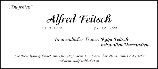 Traueranzeige von Alfred Feitsch von Gesamtausgabe Nürnberger Nachrichten/ Nürnberger Ztg.