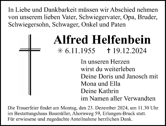 Traueranzeige von Alfred Helfenbein von Erlanger Nachrichten Lokal