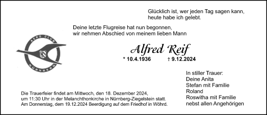 Traueranzeige von Alfred Reif von Gesamtausgabe Nürnberger Nachrichten/ Nürnberger Ztg.