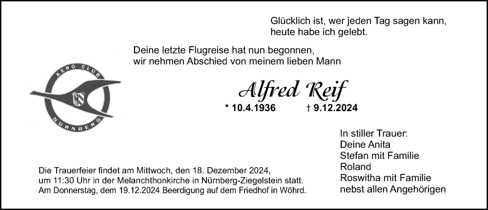  Traueranzeige für Alfred Reif vom 14.12.2024 aus Gesamtausgabe Nürnberger Nachrichten/ Nürnberger Ztg.