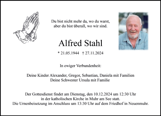 Traueranzeige von Alfred Stahl von Altmühl-Bote Lokal