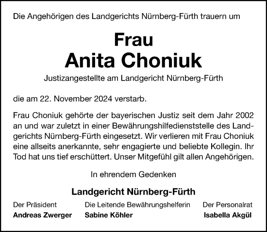 Traueranzeige von Anita Choniuk von Gesamtausgabe Nürnberger Nachrichten/ Nürnberger Ztg.