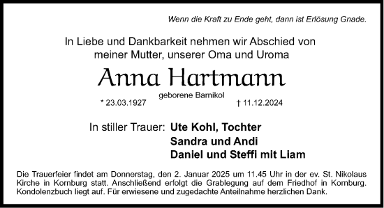 Traueranzeige von Anna Hartmann von Gesamtausgabe Nürnberger Nachrichten/ Nürnberger Ztg.