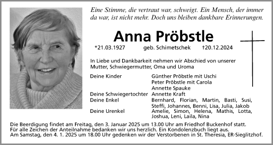Traueranzeige von Anna Pröbstle von Erlanger Nachrichten Lokal