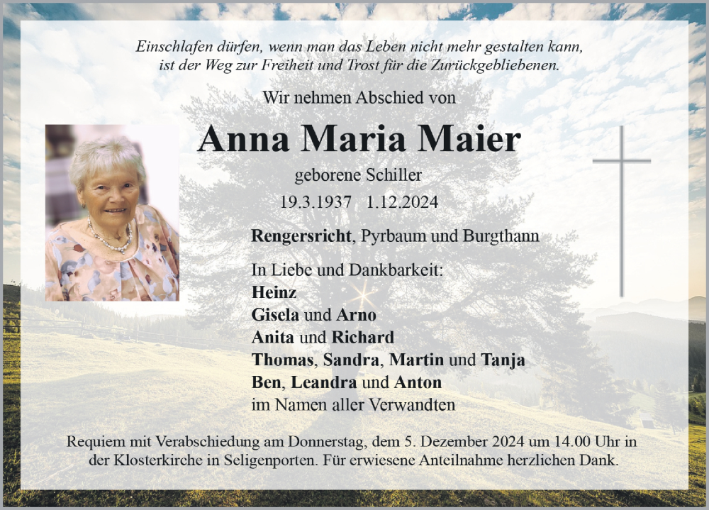  Traueranzeige für Anna Maria Maier vom 03.12.2024 aus Neumarkter Nachrichten Lokal
