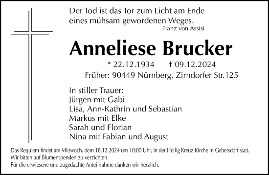 Traueranzeige von Anneliese Brucker von Gesamtausgabe Nürnberger Nachrichten/ Nürnberger Ztg.