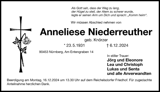 Traueranzeige von Anneliese Niederreuther von Gesamtausgabe Nürnberger Nachrichten/ Nürnberger Ztg.