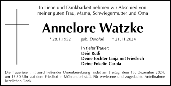 Traueranzeige von Annelore Watzke von Erlanger Nachrichten Lokal