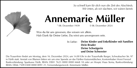 Traueranzeige von Annemarie Müller von Fürther Nachrichten Lokal
